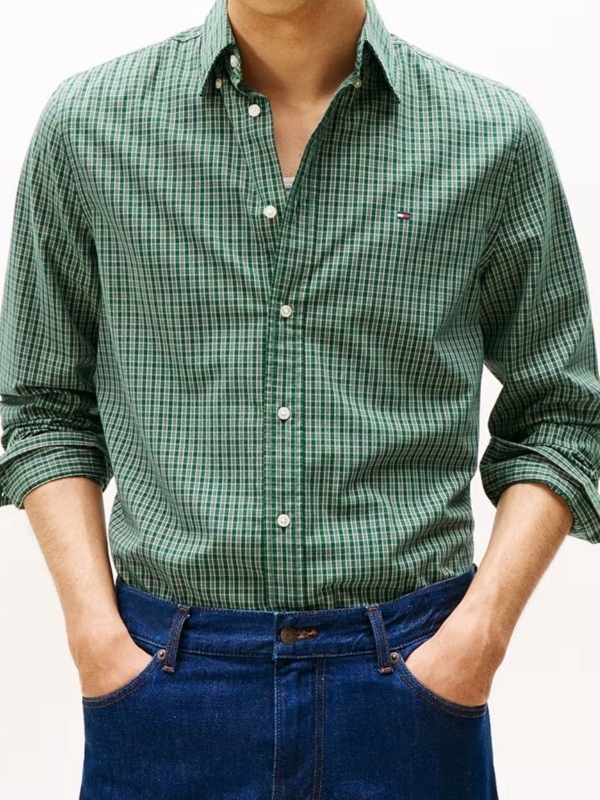 Camisa manga Longa Tommy Hilfiger Masculina TH FLEX Regular Fit Mini Xadrez Verde