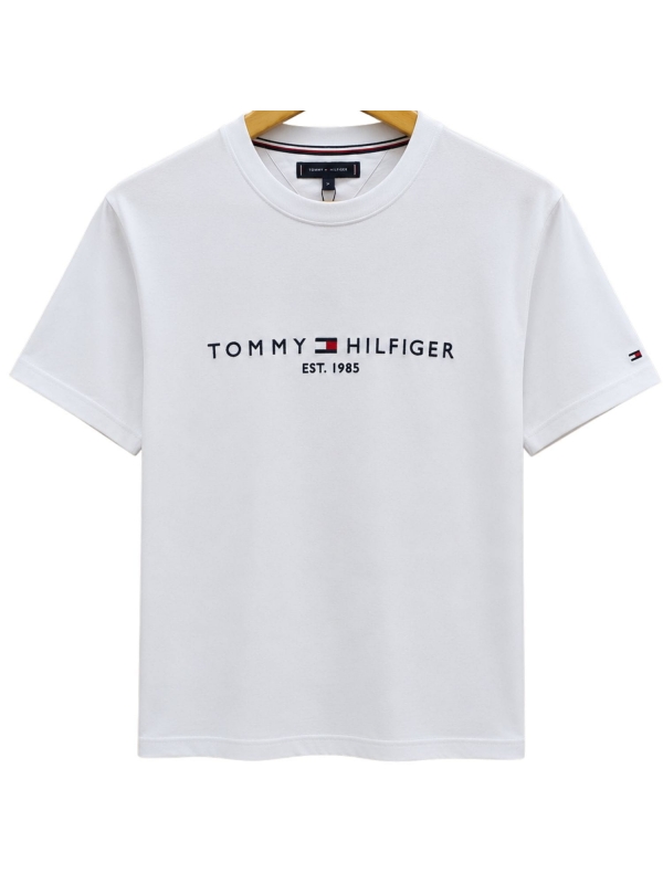 Camiseta Masculina Basica Logo Bordada Tommy Hilfiger Original - Branco